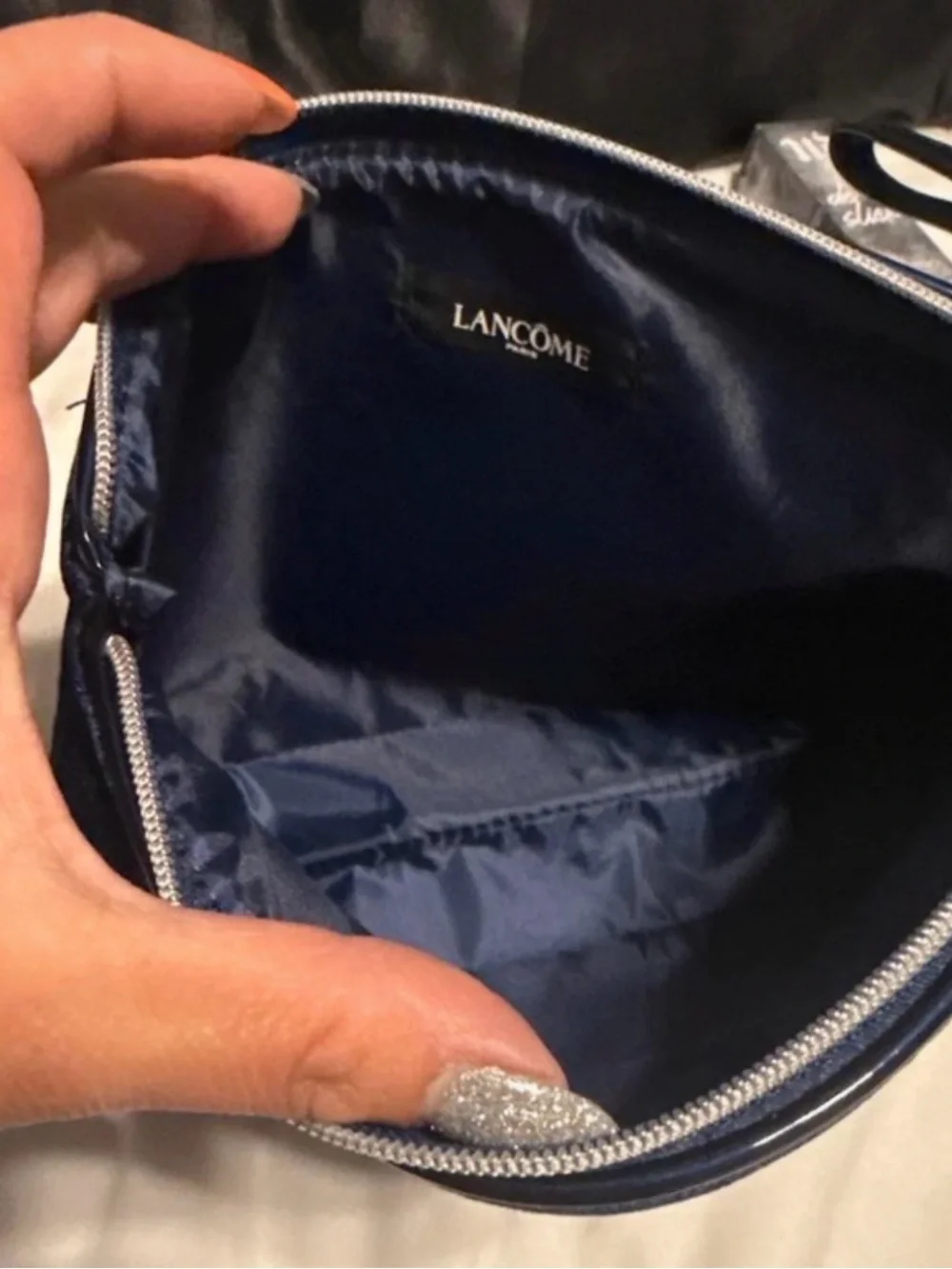 Navy Blue Lancôme Cosmetic Zip bag with Makeup and Accessories